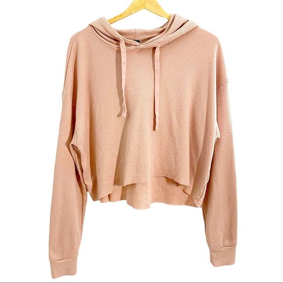 Wild Fable Pink Long Sleeve Waffle Knit Hooded Crop Top, Size Medium - Picture 3 of 10